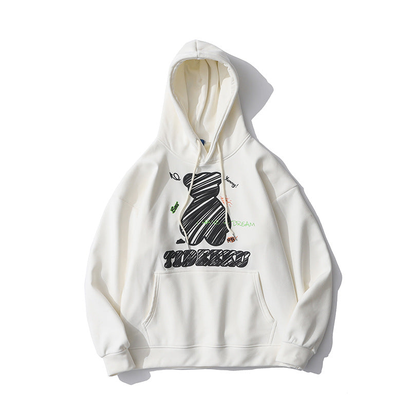 Bear Printed Sweater Men's plus Size Retro Sports Jacket Long-Sleeved Top Thickened Hoodie Fleece Lined Sweatshirt Men Thermal Hoodie