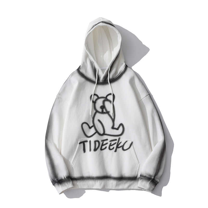 Cartoon Bear Print Sweater Men plus Size Retro Sports Baggy Coat Casual Long Sleeve Top Fleece Lined Sweatshirt Men Thermal Hoodie