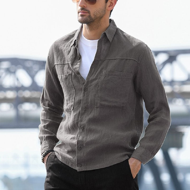 Men's Casual Cotton Linen Single Breasted Pocket Fashion Long Sleeve Retro Sports Men Shirt