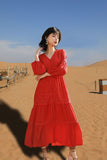 Red Peasant Dress Fairy Retro V-neck Dress Women's Summer French A- line Skirt Vacation Beach Dress