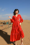 Red Peasant Dress Fairy Retro V-neck Dress Women's Summer French A- line Skirt Vacation Beach Dress