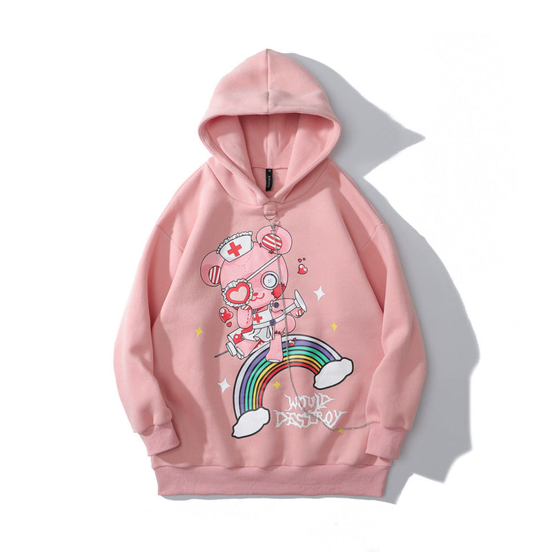 Cartoon Bear Printed Sweater Men's plus Size Retro Sports Loose Pullover Coat Fleece Lined Sweatshirt Men Thermal Hoodie