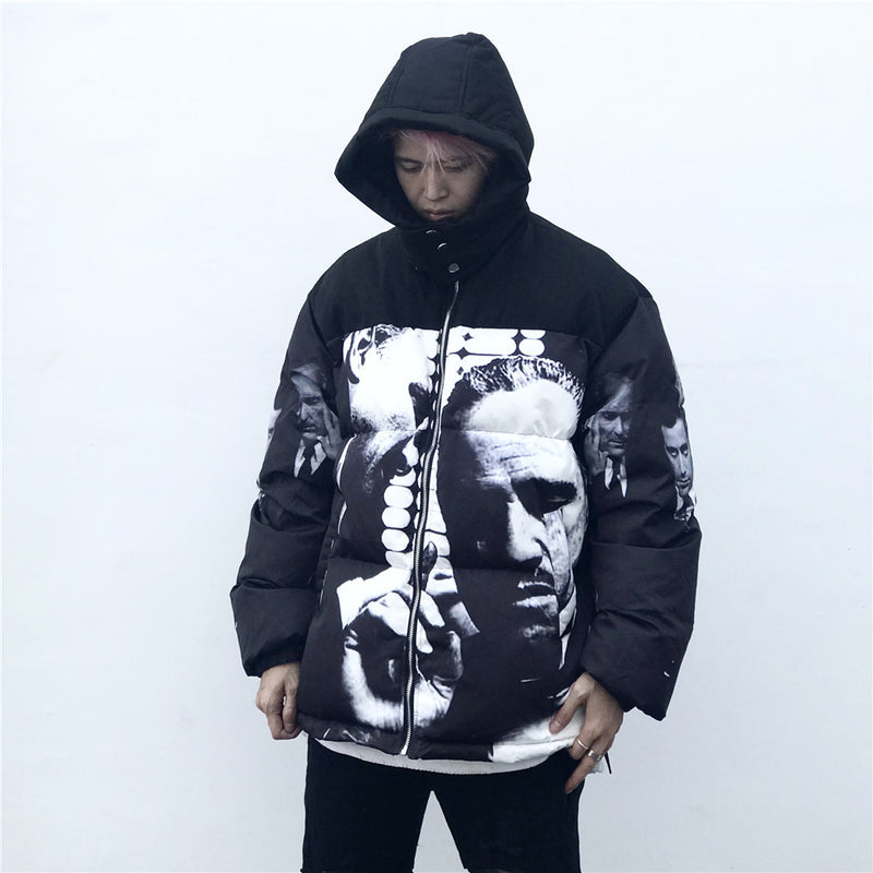 Figure Print Men's plus Size Retro Sports Long Sleeve Top Baggy Coat Men Cotton Padded Jackets