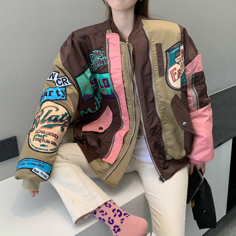 80's Colorful Leather Jacket Spring and Autumn Stitching Fashion Loose Jacket Coat Women