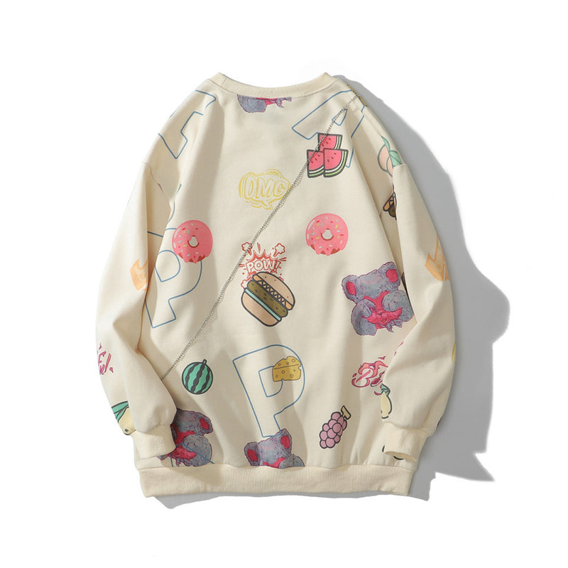 Donut Print Crew Neck Men's plus Size Retro Sports Large Coat Long Sleeve Pullover Fleece Lined Sweatshirt Men Thermal Hoodie