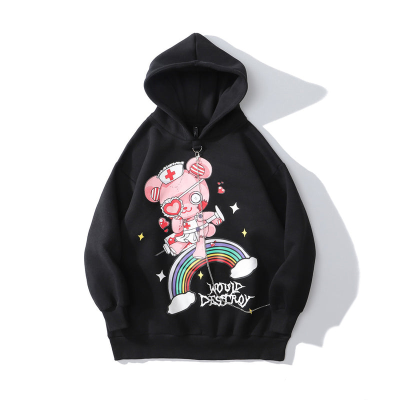 Cartoon Bear Printed Sweater Men's plus Size Retro Sports Loose Pullover Coat Fleece Lined Sweatshirt Men Thermal Hoodie