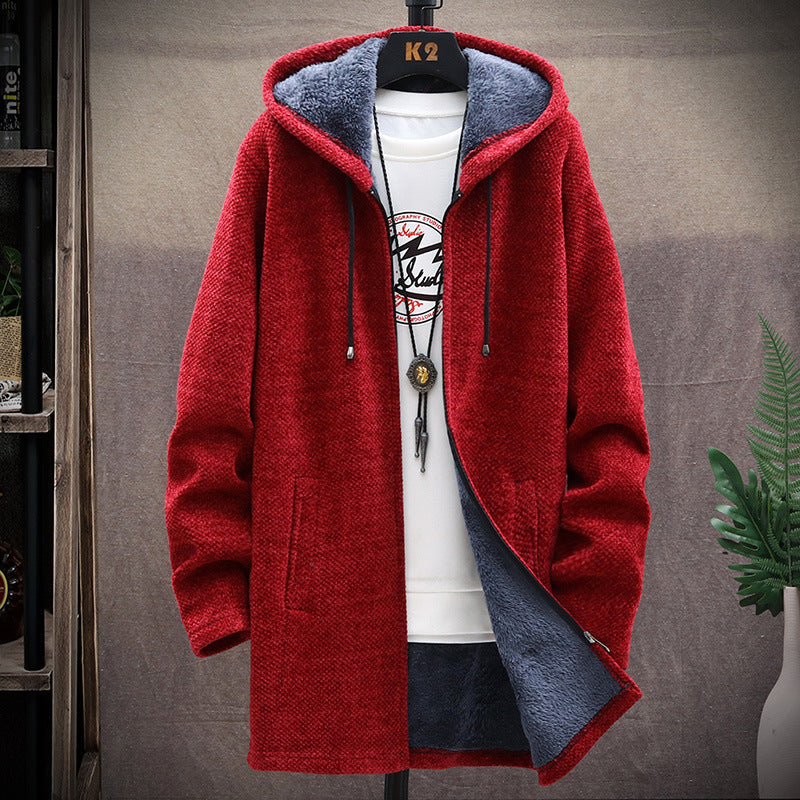 Winter Men's Loose Velvet Thickened Sweater Sweater Large Size Fashion Casual Mid-Length Hooded Jacket Men Cardigan Sweater