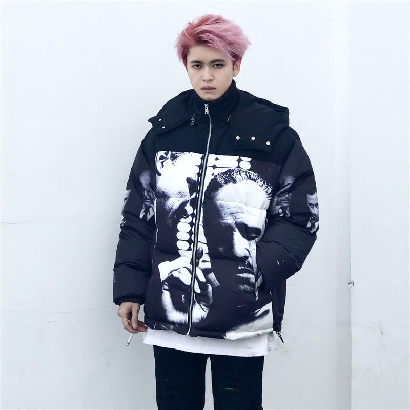 Figure Print Men's plus Size Retro Sports Long Sleeve Top Baggy Coat Men Cotton Padded Jackets