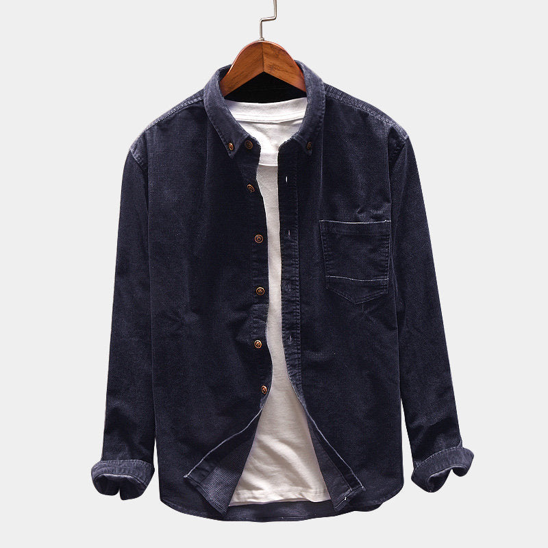 Men's Solid Color Loose Corduroy Long Sleeve Retro Sports plus Size Fashion Casual Men Shirt