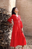 Red Peasant Dress Fairy Retro V-neck Dress Women's Summer French A- line Skirt Vacation Beach Dress