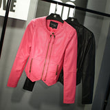 Hot Pink Motorcycle Jacket Spring and Autumn Leather round Neck Pu Washed Leather Short Coat Motorcycle Jacket