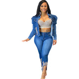 Pearl Jean Jacket Beaded Denim Short Coat