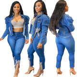 Pearl Jean Jacket Beaded Denim Short Coat