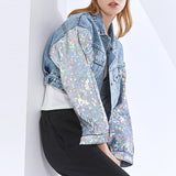 Denim Sparkle Jacket Women's Spring Fashion Loose Sequins Long Sleeve Denim Jacket