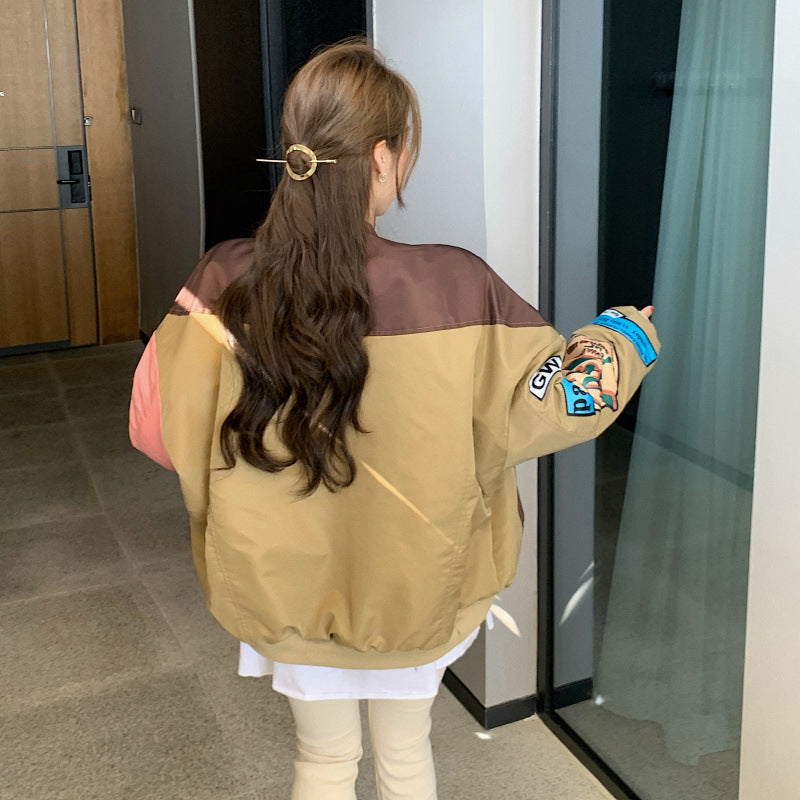 80's Colorful Leather Jacket Spring and Autumn Stitching Fashion Loose Jacket Coat Women