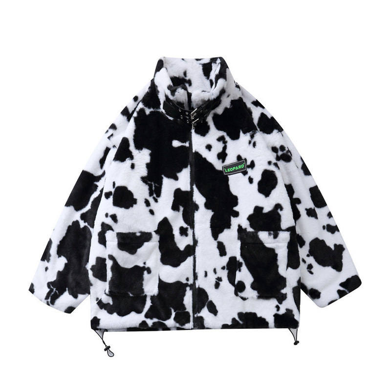Cow Spot Print Men's Large Size Retro Sports Loose Top Long Sleeve Coat Men Cotton Mixed Jackets