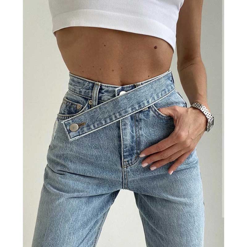 100 Cotton Jeans Women's Autumn Oblique Belt Loose High Waist Wide Leg Straight Cow Pants Women's Trousers