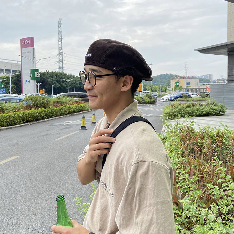 Beret Hat Geggen Domog Anti-Wear Corduroy Street Retro Forward Peaked Cap