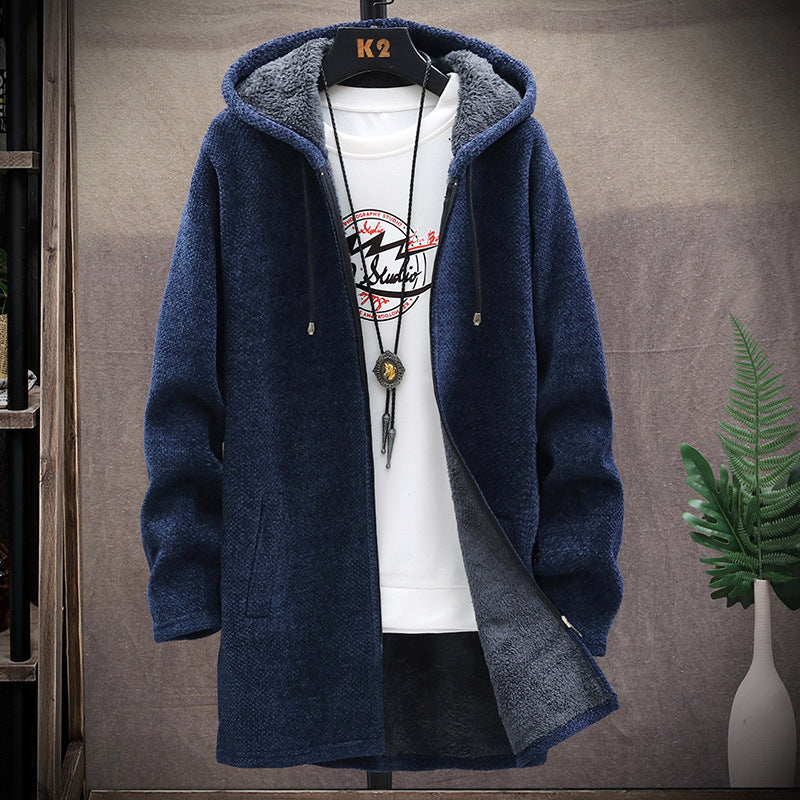 Winter Men's Loose Velvet Thickened Sweater Sweater Large Size Fashion Casual Mid-Length Hooded Jacket Men Cardigan Sweater