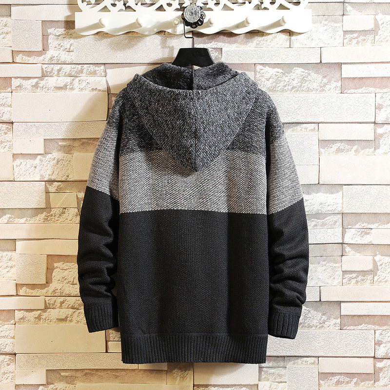 Men's Color Matching Velvet Thickening Sweater plus Size Fashion Casual Hooded Cardigan Jacket Men Cardigan Sweater