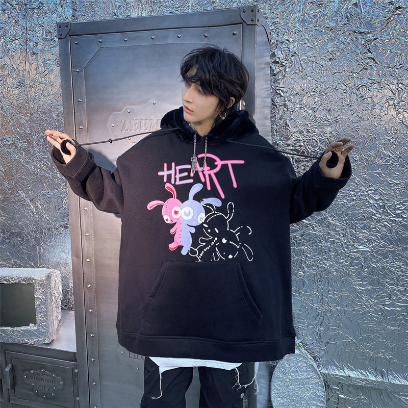 Printing plus Velvet Rabbit Ears Men's plus Size Retro Sports Coat Fleece Lined Sweatshirt Men Thermal Hoodie