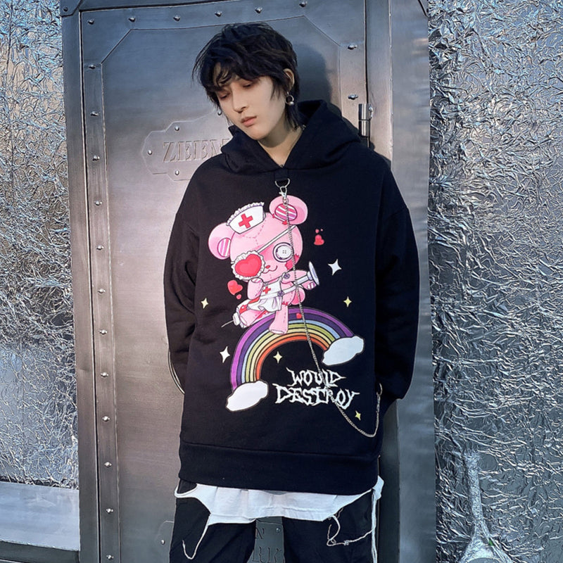 Cartoon Bear Printed Sweater Men's plus Size Retro Sports Coat Fleece Lined Sweatshirt Men Thermal Hoodie