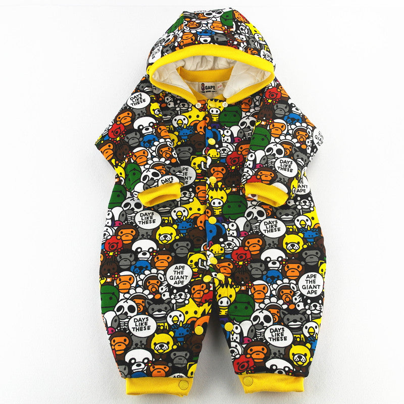 A Ape Print Toddler Romper Double-Layer Jumpsuit Romper Thickened Jumpsuit Romper
