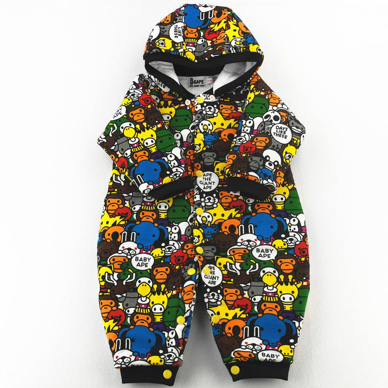 A Ape Print Toddler Romper Double-Layer Jumpsuit Romper Thickened Jumpsuit Romper