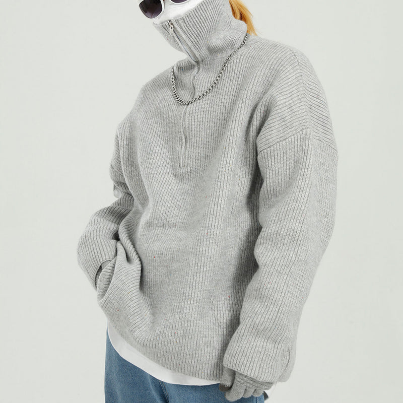 Winter Lapel Zipper Knitted Sweater Simple All-Match Knitted Base Large Size Loose Men Sweaters