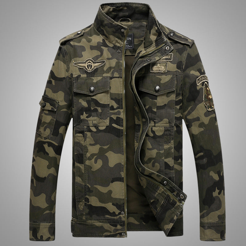 Men Fit Bomber Jacket Windbreaker Moto Street Coat for men Autumn Air Force One Camouflage Workwear Jacket Stand Collar Military Uniform for men Jacket