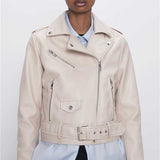 Urban Leather Jacket Women's Motorcycle Leather Coat Fall Lapels Belt Decoration Short Pu Jacket