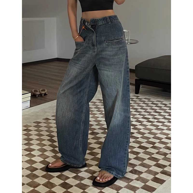 100 Cotton Jeans Women Autumn High Waist Loose Wide Legs Jeans Women Washed Straight Mopping Pants