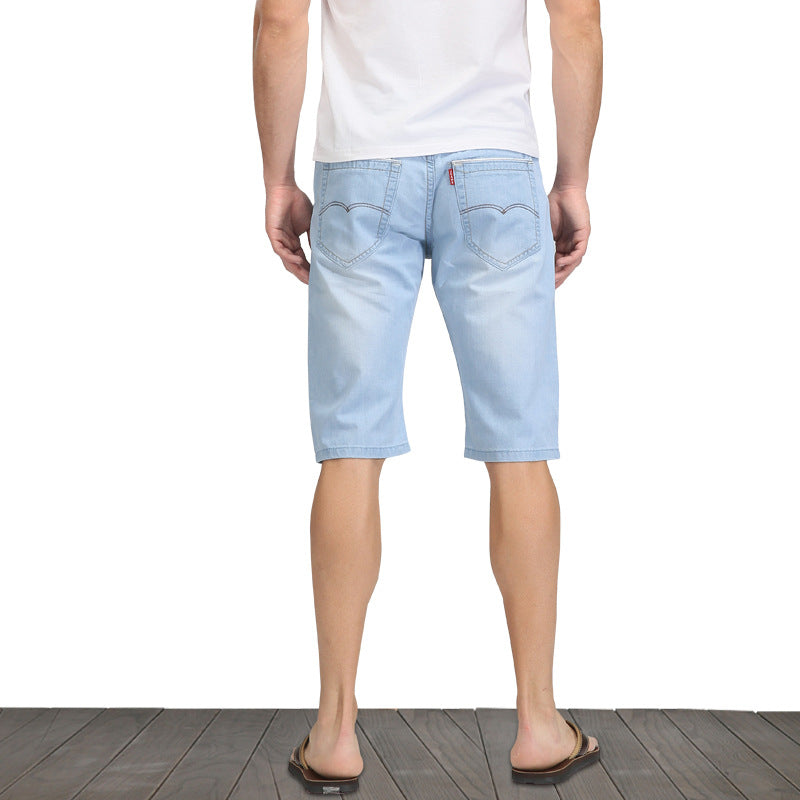 Summer Thin Light Blue Overknee Stylish Stone Washed Slim Fit Knee Length Jean Denim Short Men's Jeans Shorts Summer Leisure Men's Denim Pants Light Blue Breathable Jeans