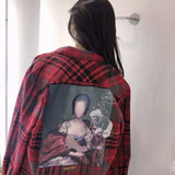 Red Long Sleeve Shirt Ow Plaid Shirt Oil Painting Printed Embroidered Loose Shirt