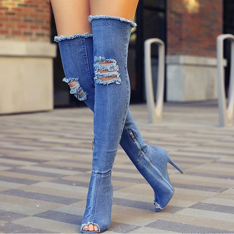 Coachella Festival Boots High Heel Long Denim Single Sandal Boots Stiletto Peep-Toe