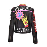 Graffiti PU Leather Jacket Autumn and Winter Rivet Graffiti Leather Coat Stand-up Collar Slim Fit Street Short Motorcycle