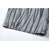 Men Jean Shorts Zebra Print Denim Shorts Men's Summer Washed Distressed Loose Straight Shorts