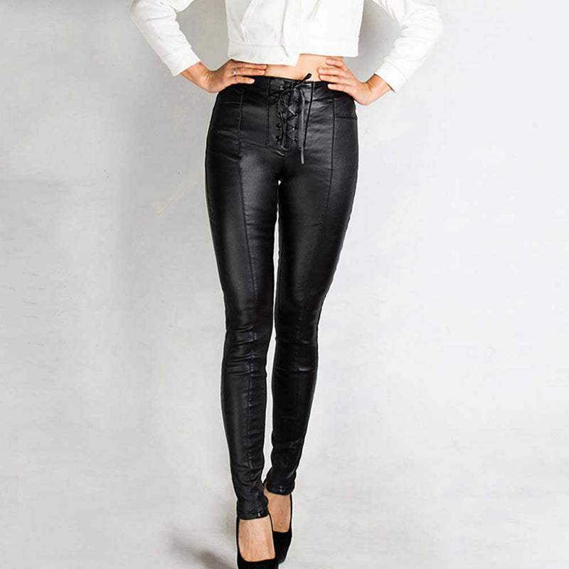 Black Leather Pants Lace-up Pu Pants Women's Autumn and Winter Pencil Pants Black Skinny Pants