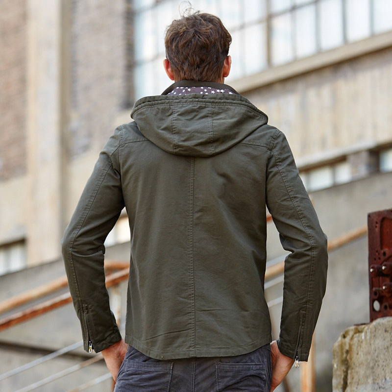 Men Fit Bomber Jacket Windbreaker Moto Street Coat Fall Jacket Men's Hooded Middle-Aged Leisure Cotton Large Size Loose Military Suit Coat