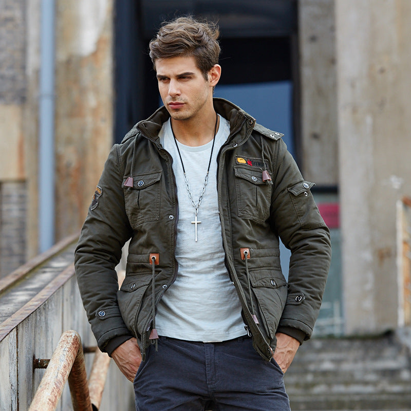 Men Fit Bomber Jacket Windbreaker Moto Street Coat Winter Fleece Padded Jacket Men's plus Size Middle-Aged Leisure Cotton Hooded Men's Warm Mid-Length Jacket