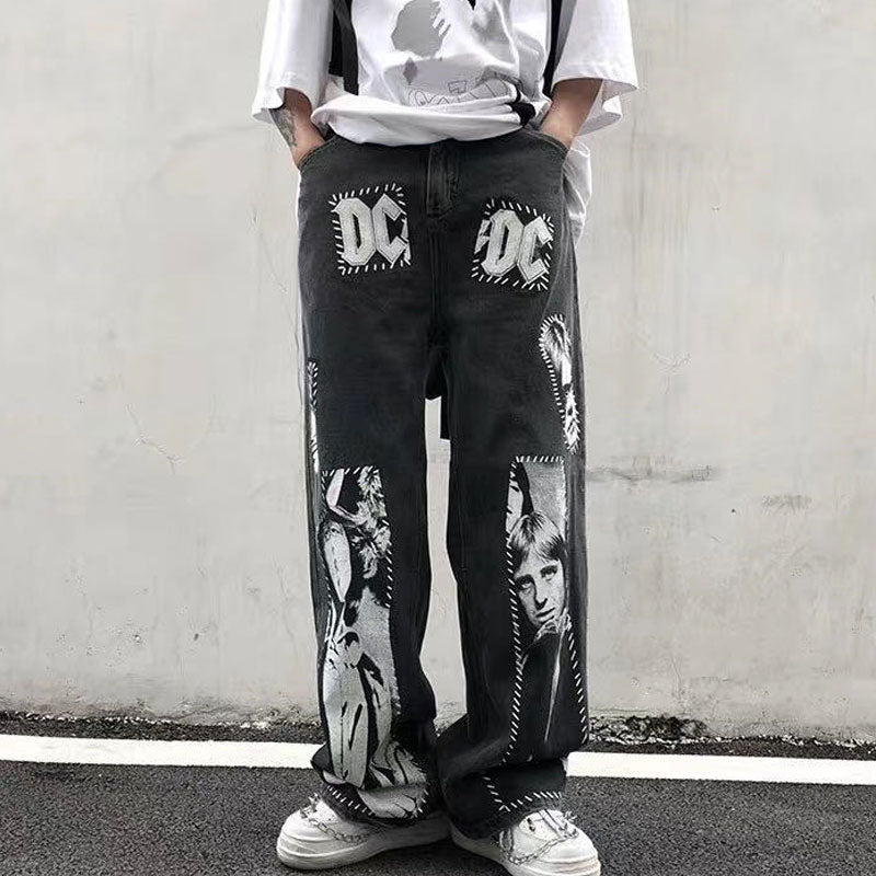 Men's Straight Jeans plus Size Retro Sports Trousers Straight Printed Men Denim Pants