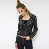 Punk Leather Jacket with Spikes Autumn and Winter Rock Motorcycle Clothing Lapel Imitation Sheep Leather Jacket Punk Rivet Coat for Women