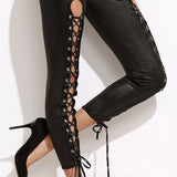 Leather Leggings Matte Faux Leather Front Ripped Lace-up Low Waist Ankle-Length Pants