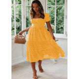 Red Peasant Dress Square Collar Puff Sleeve Floral Dress