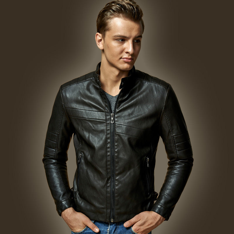 80 'S Leather Jacket Autumn And Winter Men 'S Coat Fan Car Velvet Stand Collar Washed PU Leather Coat