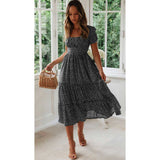 Red Peasant Dress Square Collar Puff Sleeve Floral Dress