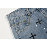 Men Jean Shorts Printed Splash-Ink Washed Denim Shorts Men's High Street Fashion Brand Loose Straight Shorts