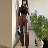 Faux Leather Pants Double Pocket Length Leather Pants Women's Sexy Slim Trousers Women