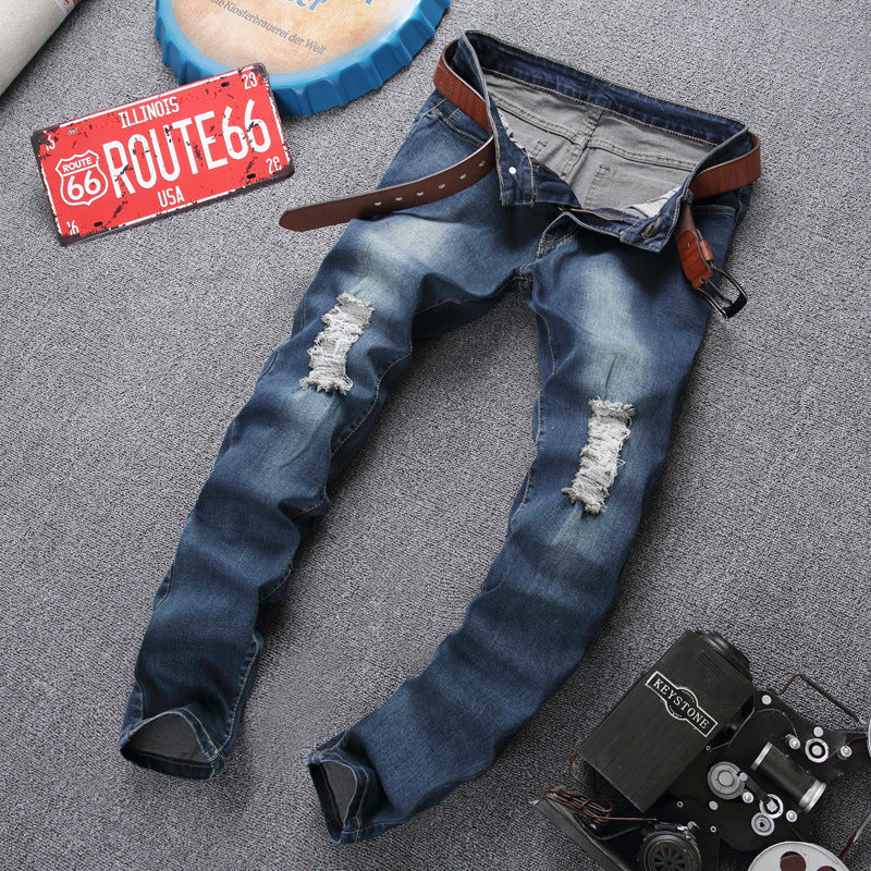 Distressed Jeans Destructed Jean Men's Skinny Jeans Slim Fit Elastic plus Size Trousers Ripped Pants