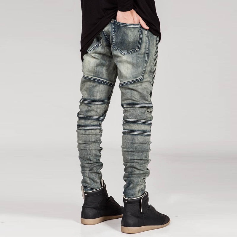 Men's Pleated Slim Fit Biker Jeans Pleated Slim Stretch Jeans Skinny Pants Trendy Retro